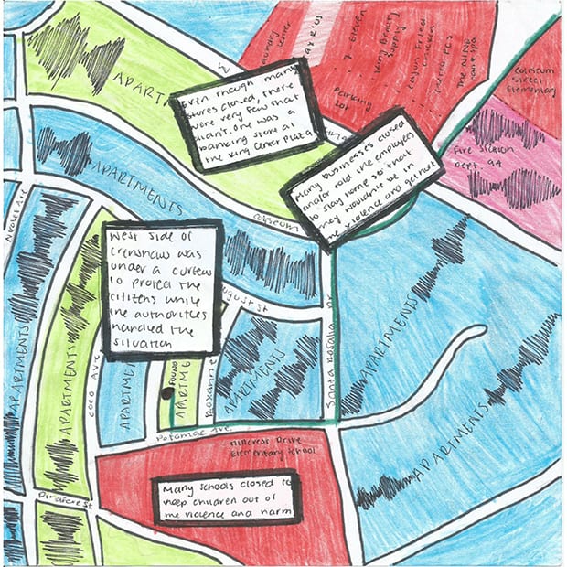 Different Coordinates: Sample student “thick map” inspired by their neighborhoods and the traces of the LA riots they discovered there.
